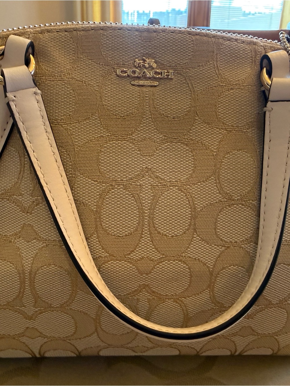 COACH Beige Signature Canvas Tote with Cream Handles AND Cross Body Strap